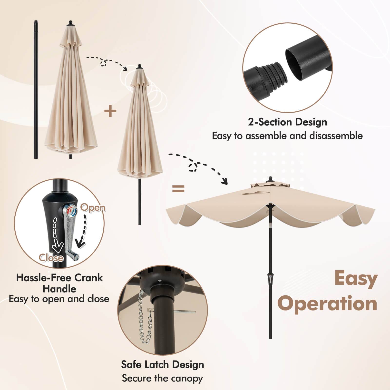 The image features an umbrella with a 2-section design, making it easy to assemble and disassemble. The umbrella has a hassle-free crank handle for easy opening and closing. The design also includes a safe latch to secure the canopy, ensuring that the umbrella remains stable and safe to use.