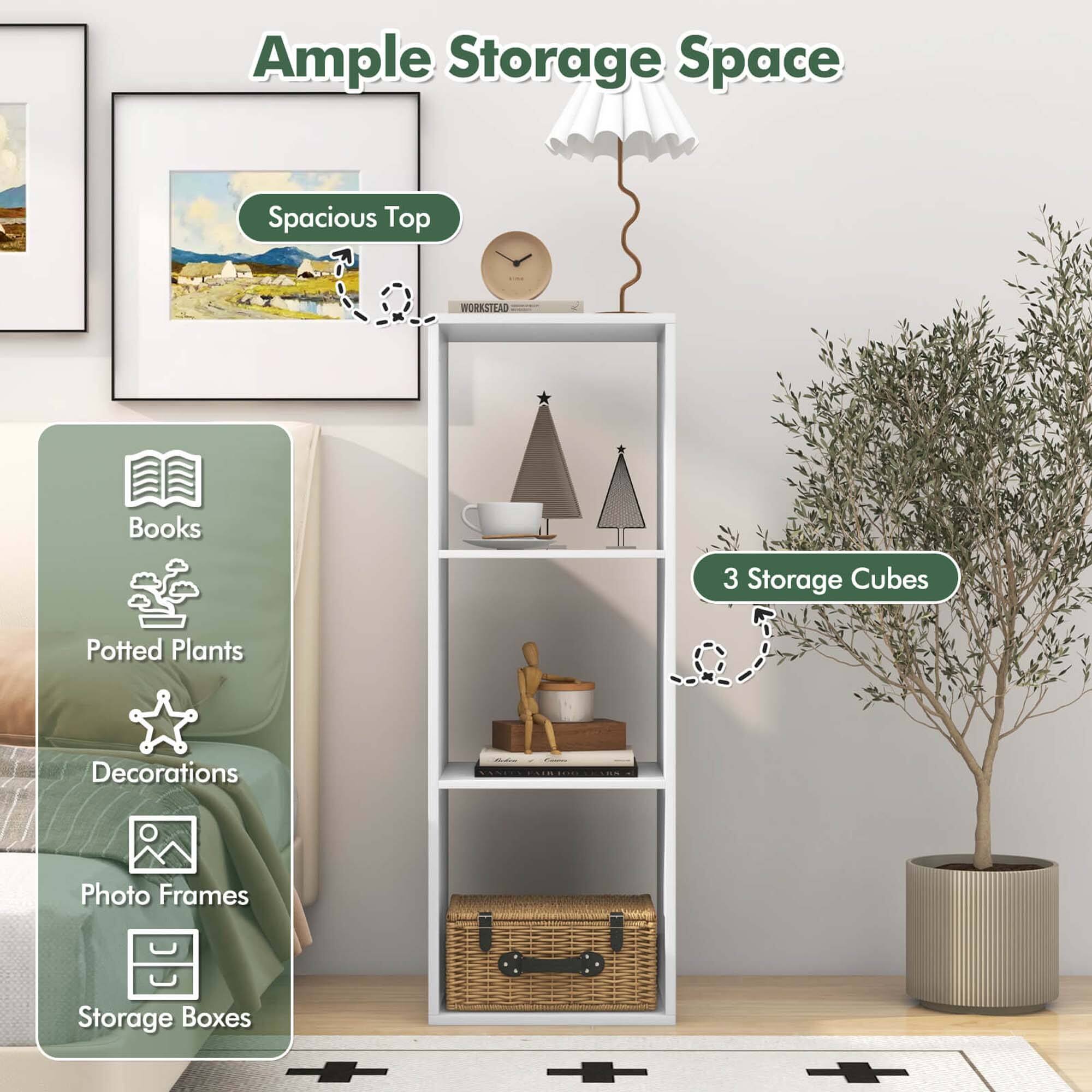 Ample Storage Space: Spacious Top, Books, 3 Storage Cubes, Potted Plants, Decorations, Photo Frames, Storage Boxes.