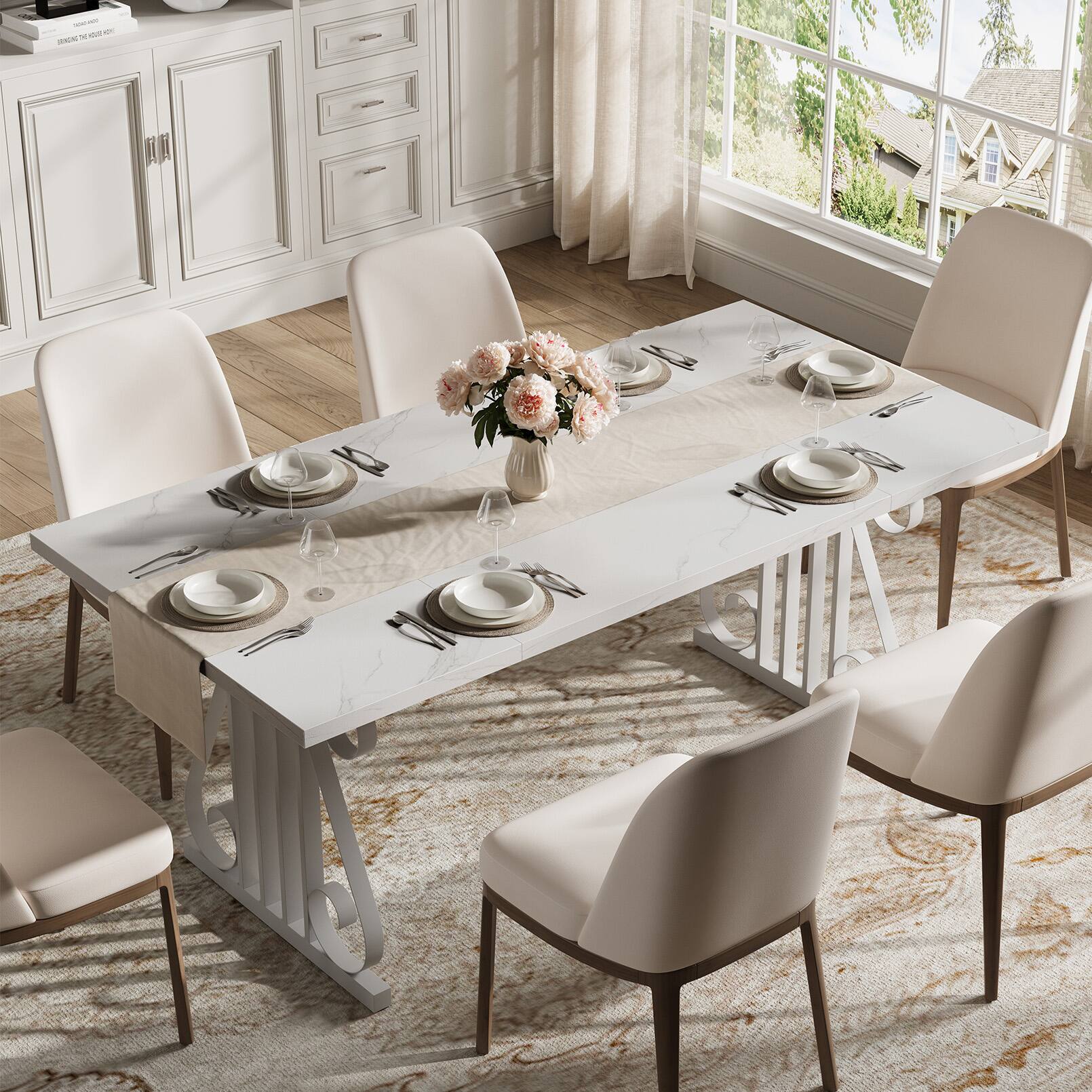 Alt View 2. Anysun - 70.9" Modern Dining Table for 6-8 - Rectangular Faux Marble Top, Metal Frame, Adjustable Feet for Kitchen - White.