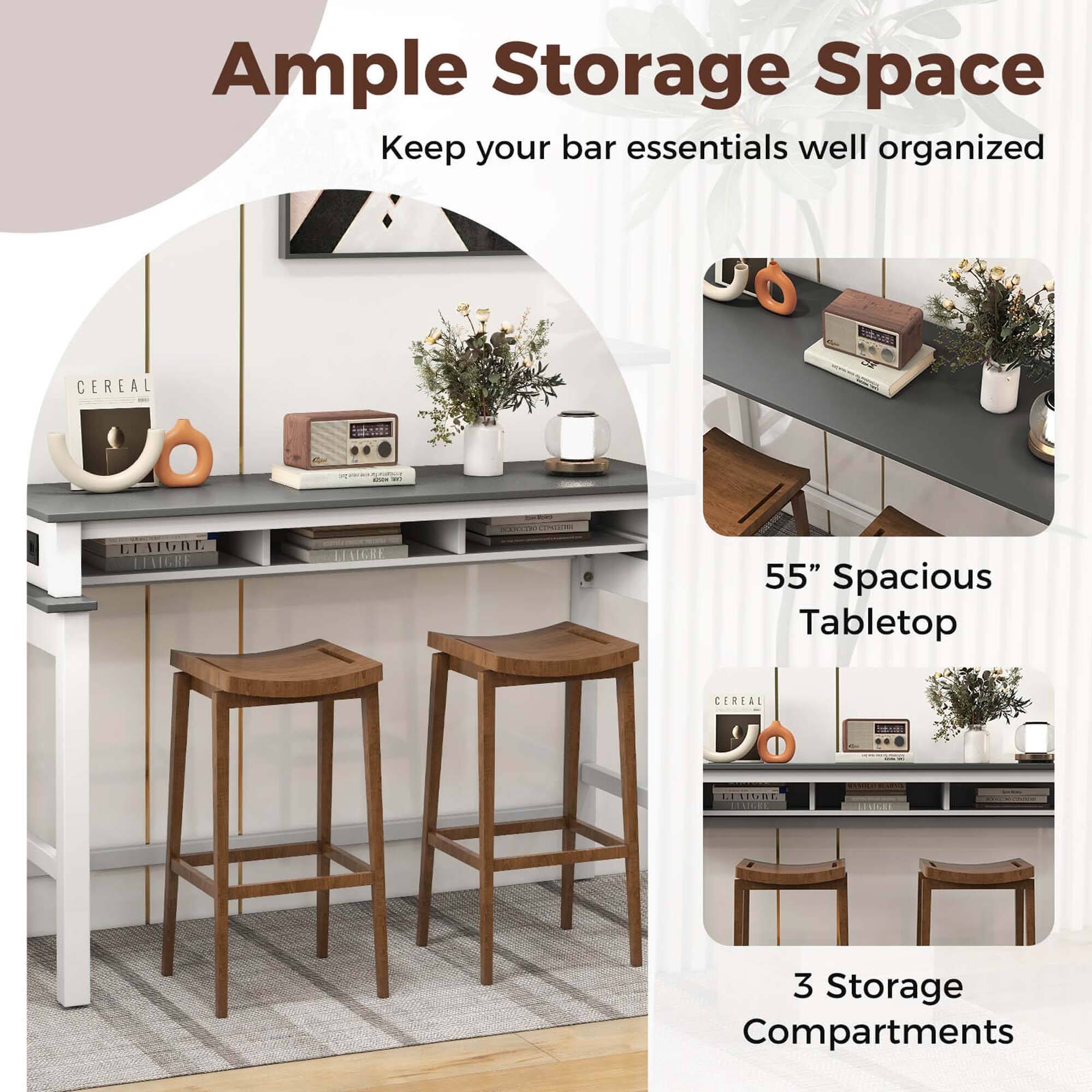 Ample Storage Space Keep your bar essentials well organized. This image showcases a bar setup with a 55" spacious tabletop, 3 storage compartments, and 3 stools. The bar is well-organized, and the storage compartments provide ample space to keep your essentials neatly arranged. The stools offer comfortable seating for guests to enjoy the bar area.