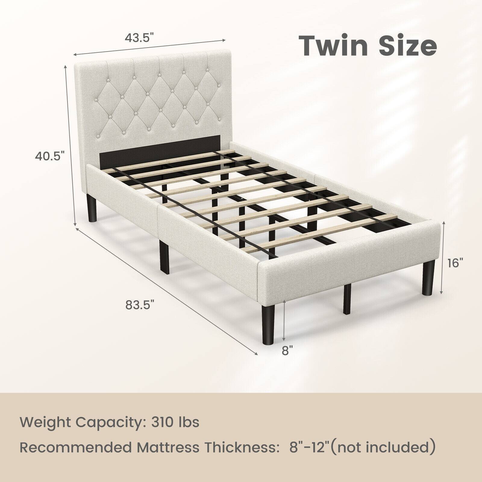Twin Size
43.5"
40.5"
16"
83.5"
8"
Weight Capacity: 310 lbs
Recommended Mattress Thickness: 8"-12" (not included)