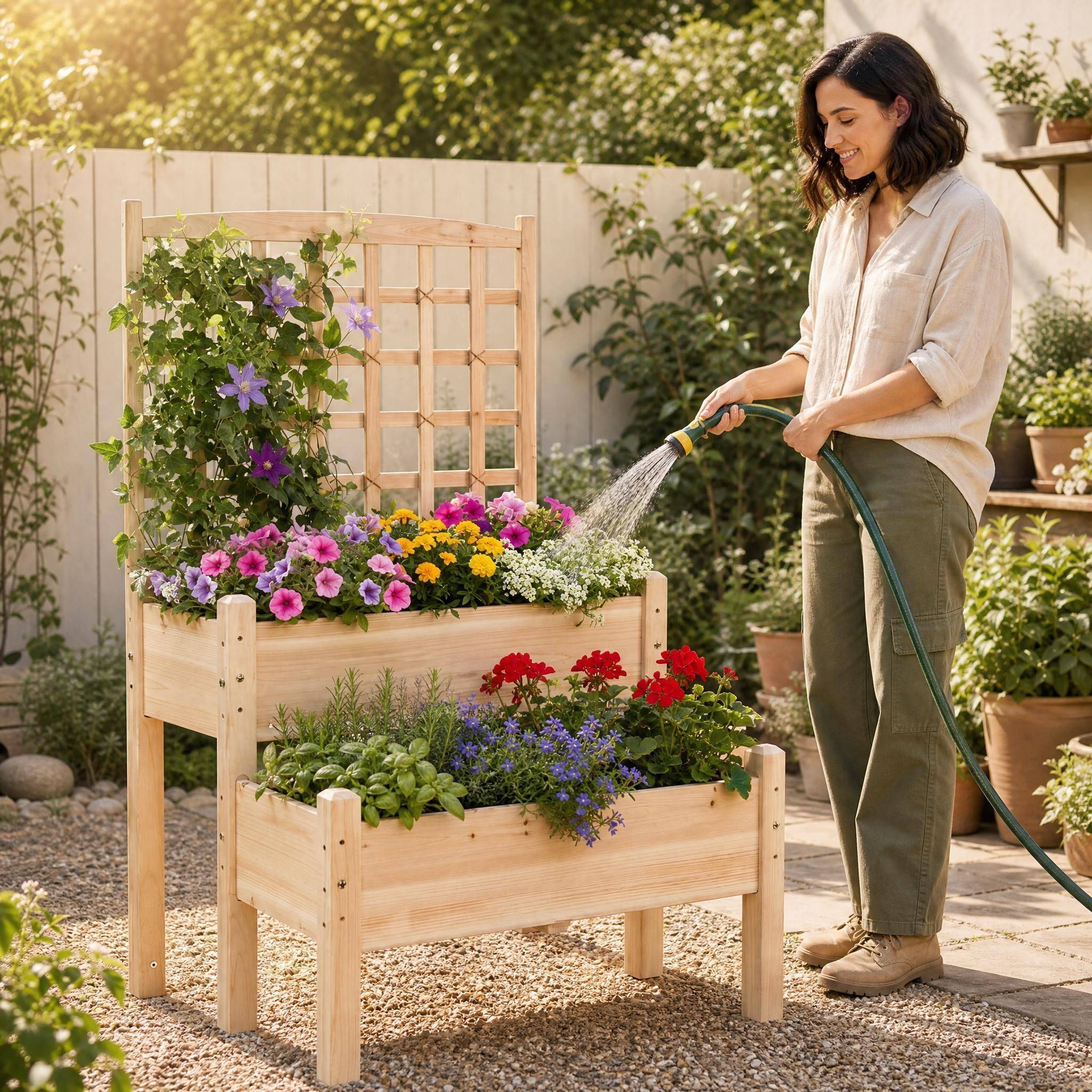 Alt View 4. Costway - Costway Outdoor Wooden Raised Garden Bed, 2-Tier Vertical Planter - Natural.
