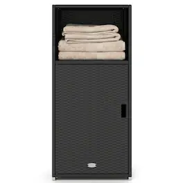 Costway - Outdoor Storage Cabinet PE Wicker Buffet Sideboard with Shelf Open & Compartment - Black