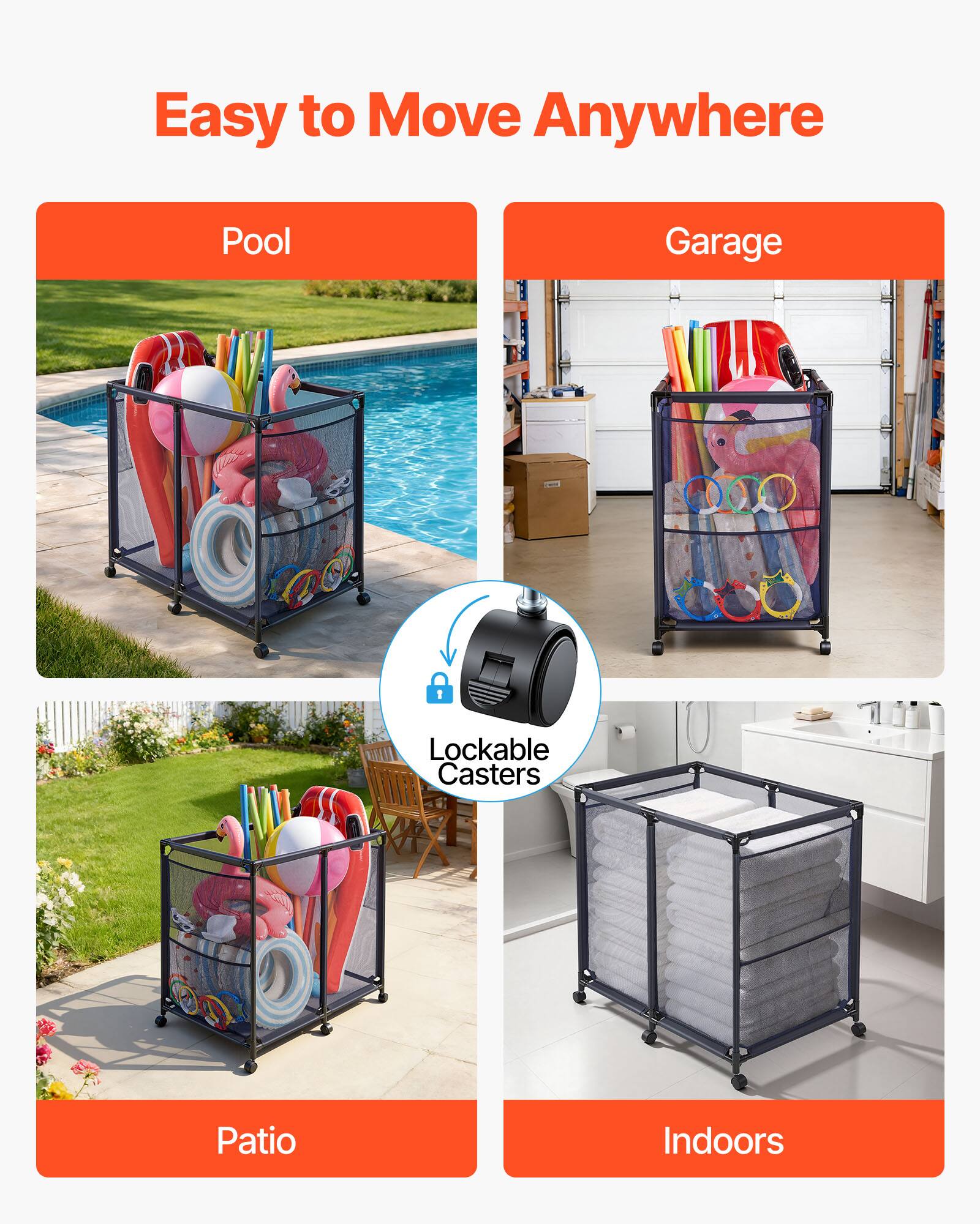 Easy to Move Anywhere

Pool  
Garage  
Patio  
Indoors

Lockable Casters
