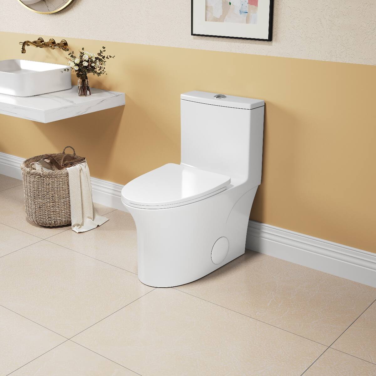 Back. Loheer - Loheer One Piece Elongated Toilet, White Ceramic, Comfort Height Dual Flush - White.