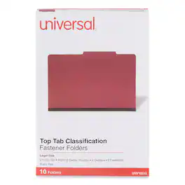 Universal - Bright Colored Pressboard Classification Folders, 2" Expansion, 2 Dividers, 6 Fasteners, Legal Size, Ruby Red, 10/Box