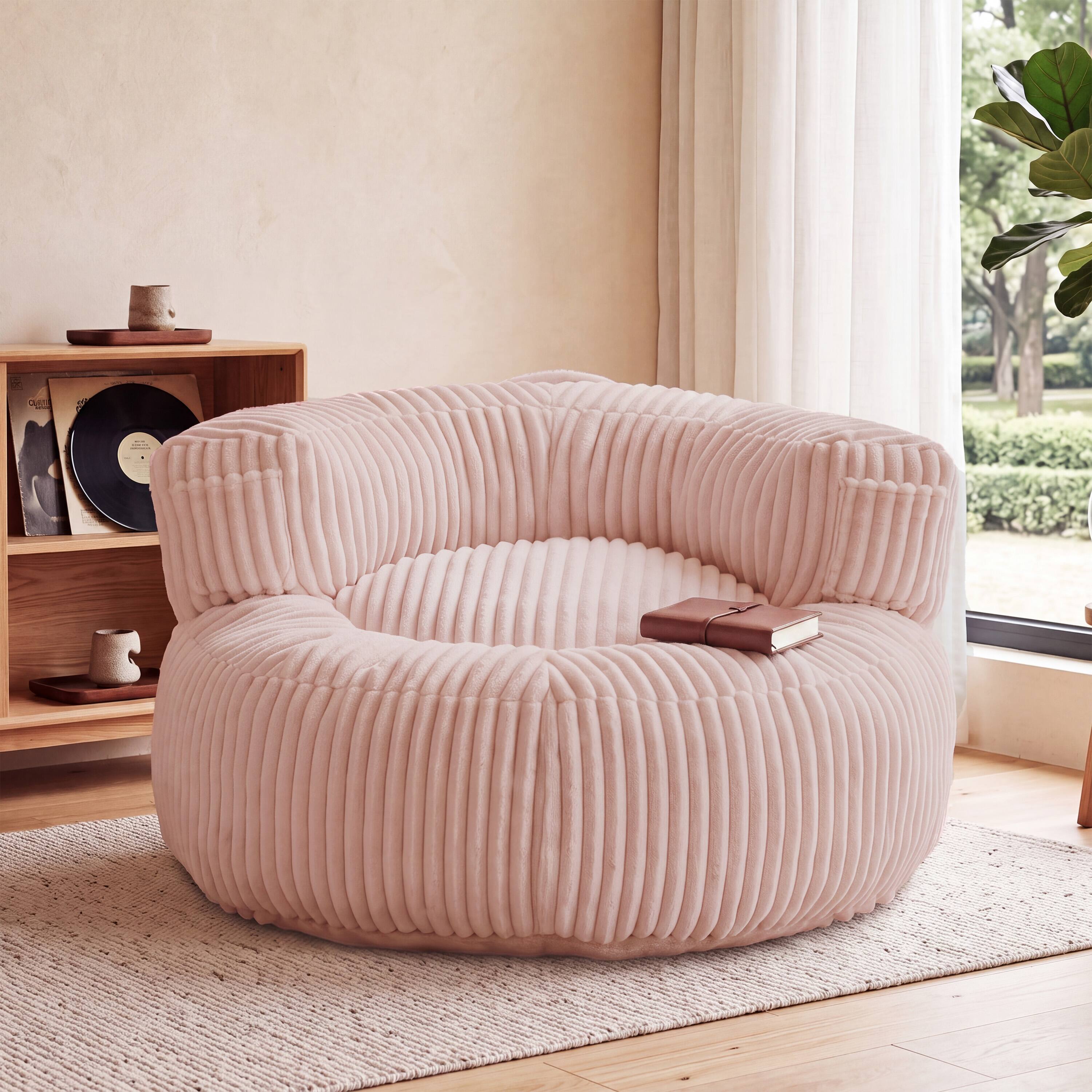 Left. Vipbear - 44" Round Single Couch Sofa for Small Spaces, Boneless Accent Chair Circle Bean Bag Sofa for Living Room Bedroom, Dorm - pink.
