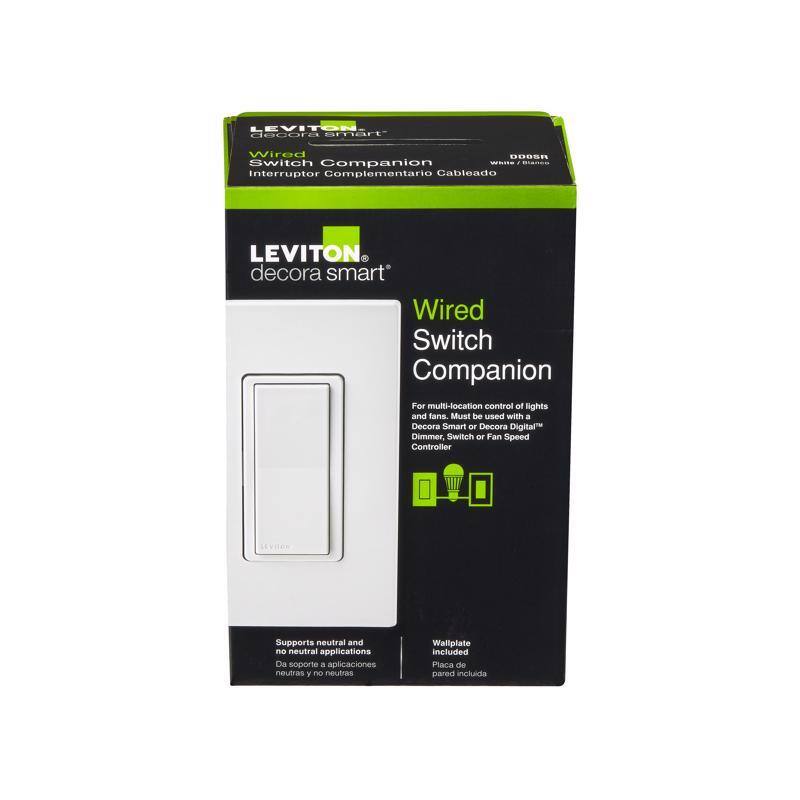 LEVITON  
decora smart  
Wired Switch Companion  
Interruptor Complementario Cableado  

For multi-location control of lights and fans. Must be used with a Decora Smart or Decora Digital™ Switch or Fan Speed Controller.  

Supports neutral and no neutral applications  
Da soporte a aplicaciones neutras y no neutras  

Wallplate included  
Placa de pared incluida