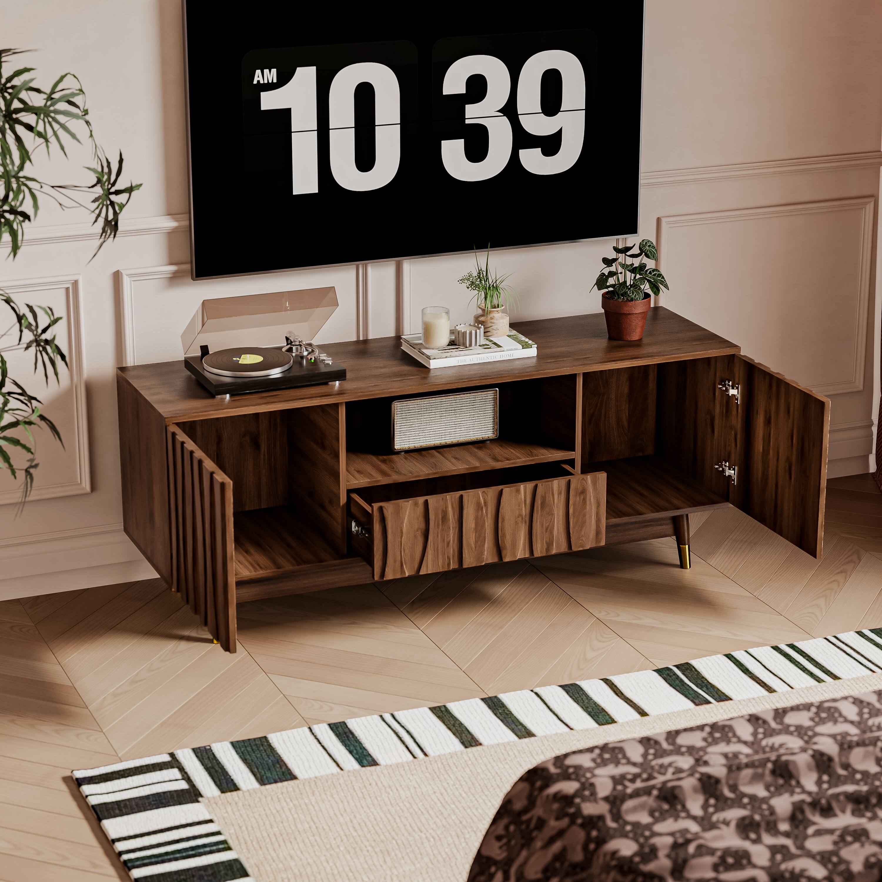 Alt View 1. MSOOB - 55" Wooden TV Stand Mid-Century Modern Media Console with Storage and Drawer for Apartment - Brown.