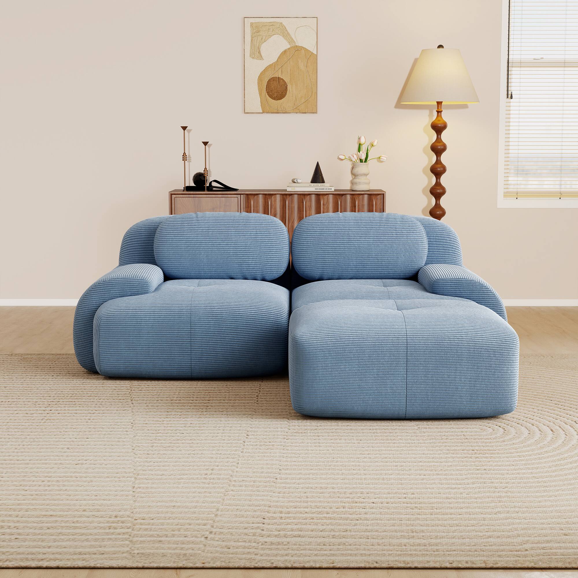Angle. Aukfa - 2 Seats + Ottoman Modular Corduroy Sectional Sofa - Ergonomic Support, Pet Friendly, Easy Assembly, Non-Slip Base - Blue.