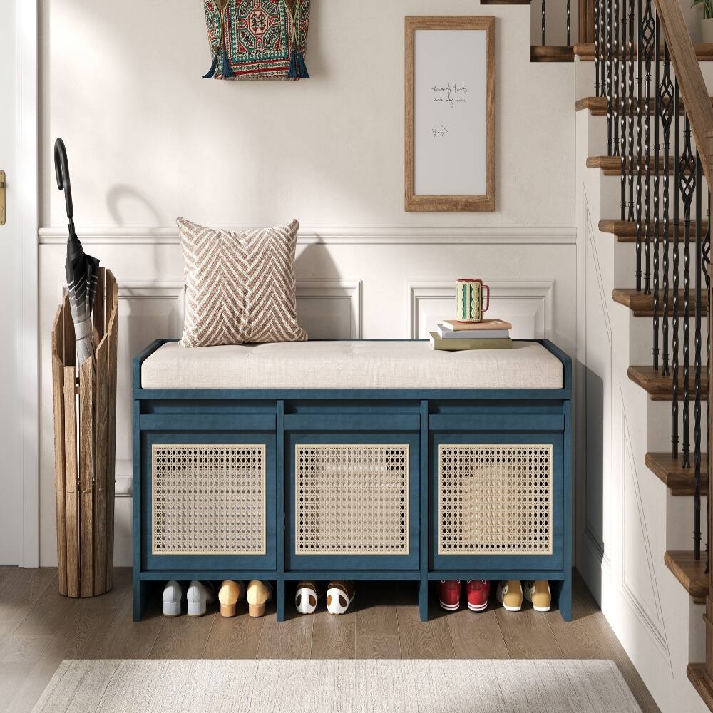 Left. Ropilly - Ropilly 48 Inch Entryway Shoe Bench with Rattan Drawers, Tufted Cushion and Hidden Storage, Antique Navy - Antique Navy.