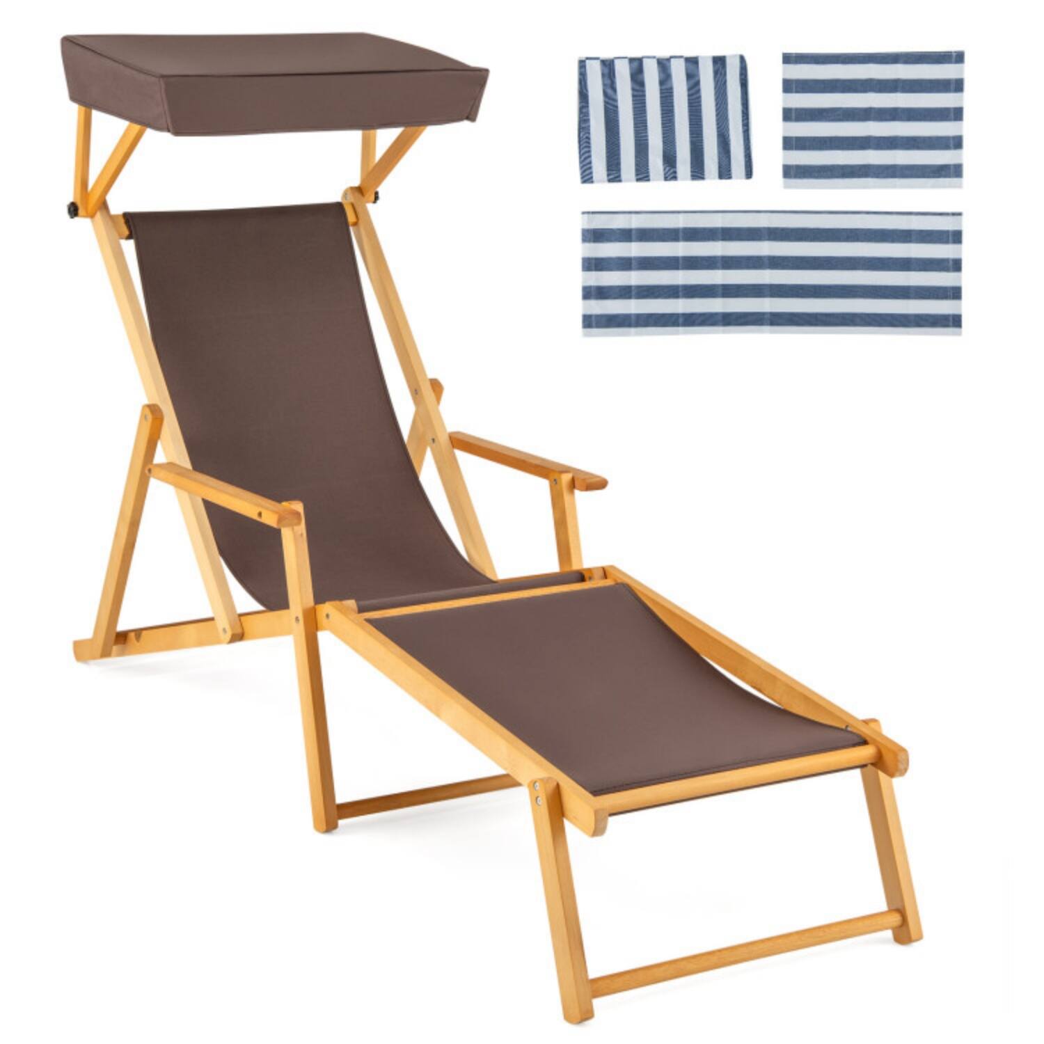 Alt View 5. Mondawe - Birch Wood Chaise Lounge Chair w/ Adjustable Canopy & 4-Position Backrest Foldable Beach - Brown+Natural.