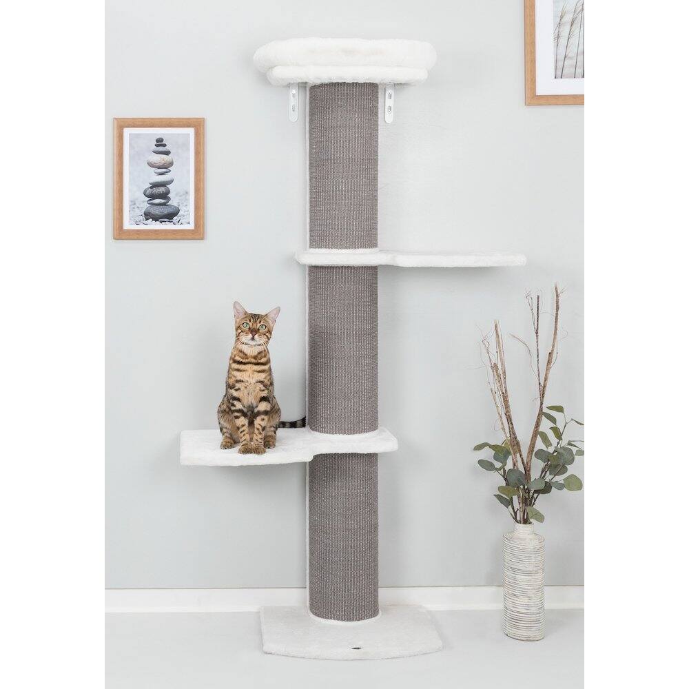 Angle. TRIXIE - Acadia Plush & Sisal 3-Level 63" Cat Tree, Scratching Posts, Wall Brackets, Gray - White/Gray.