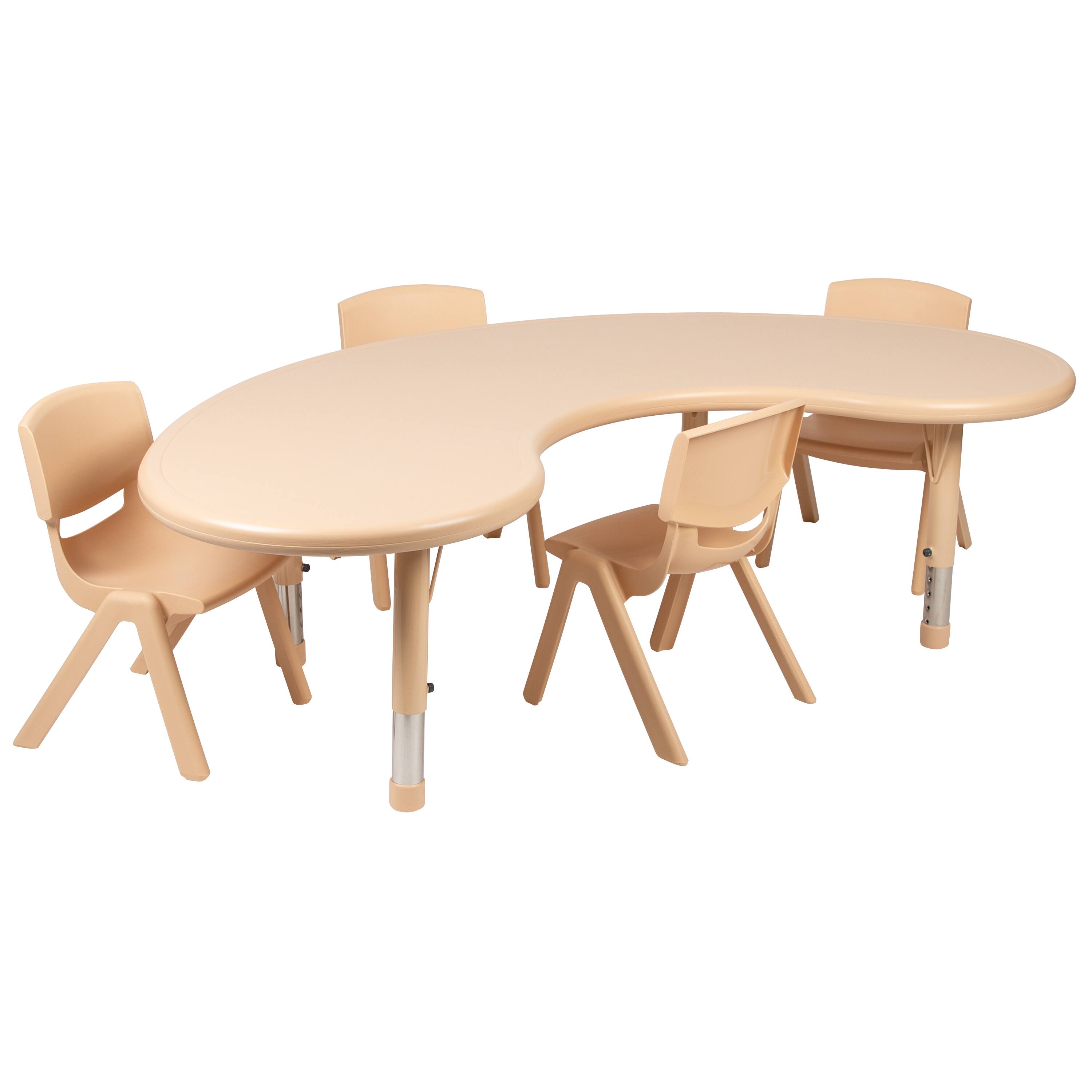 Alt View 1. Emma + Oliver - 35"W x 65"L Half-Moon Plastic Height Adjustable Activity Table Set with 4 Chairs - Natural.