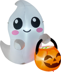 Front. GOOSH Inflatables - GOOSH 5FT Inflatable Cute Ghost with Pumpkin Bucket – Light-Up Halloween Yard Decoration - White.