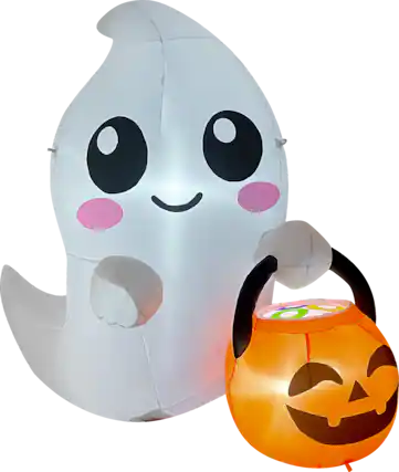 Front. GOOSH Inflatables - GOOSH 5FT Inflatable Cute Ghost with Pumpkin Bucket – Light-Up Halloween Yard Decoration - White.