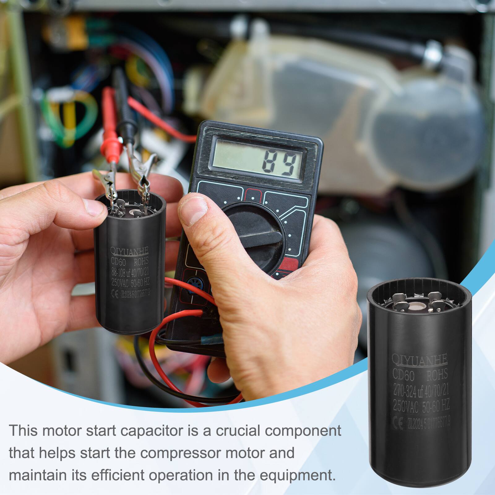 89 QIYUANHE CD60 ROHS 88-108 L 40/70 20 250VAD 50.60 HZ CE 20065

This motor start capacitor is a crucial component that helps start the compressor motor and maintain its efficient operation in the equipment.

QIYUANHE CD60 ROHS 270 324 uf 40/70/21 250VAC 50-60 HZ CE 712024 0076E7