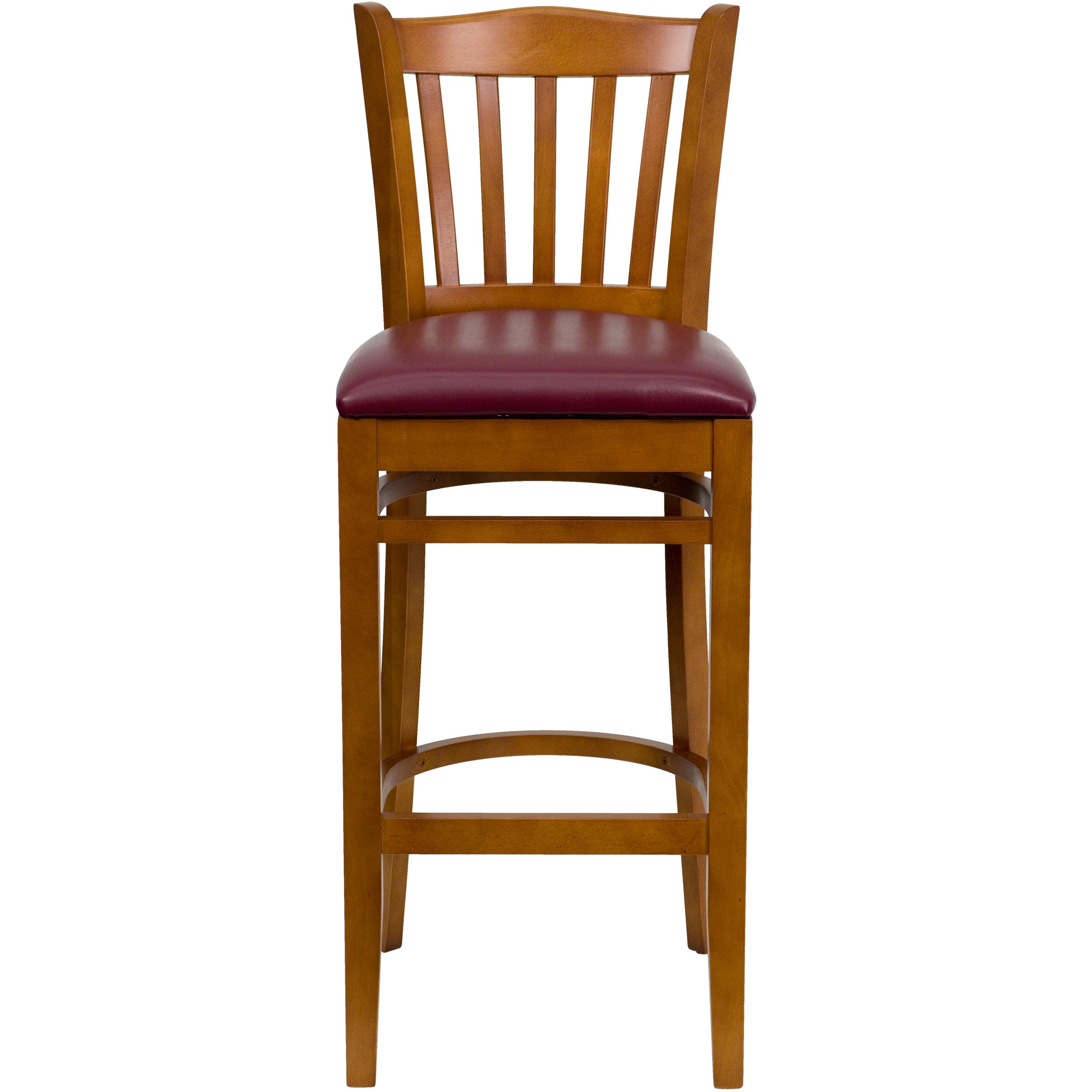 Alt View 5. Emma + Oliver - Vertical Slat Back Wooden Restaurant Dining Barstool - Burgundy Vinyl Seat/Cherry Wood Frame.