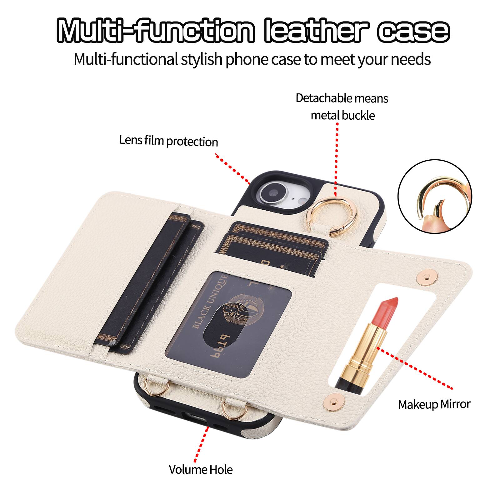 Multi-function leather case  
Multi-functional stylish phone case to meet your needs  
Detachable means metal buckle  
Lens film protection  
UNIQUE BLACK PPTd  
Makeup Mirror  
Volume Hole