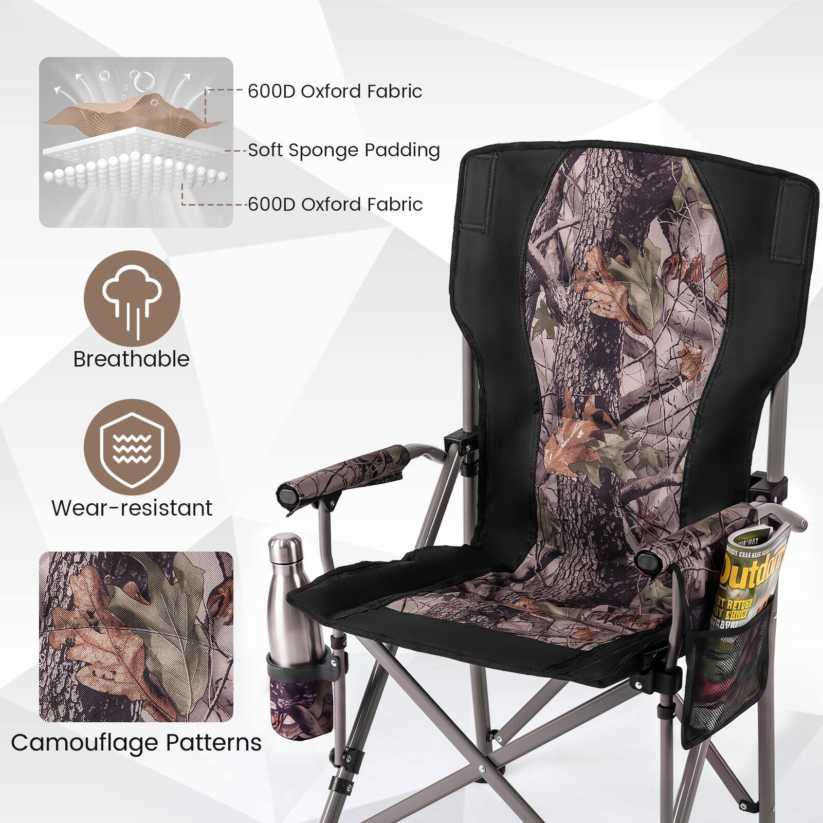 600D Oxford Fabric  
Soft Sponge Padding  
600D Oxford Fabric  
Breathable  
Wear-resistant  
Camouflage Patterns
