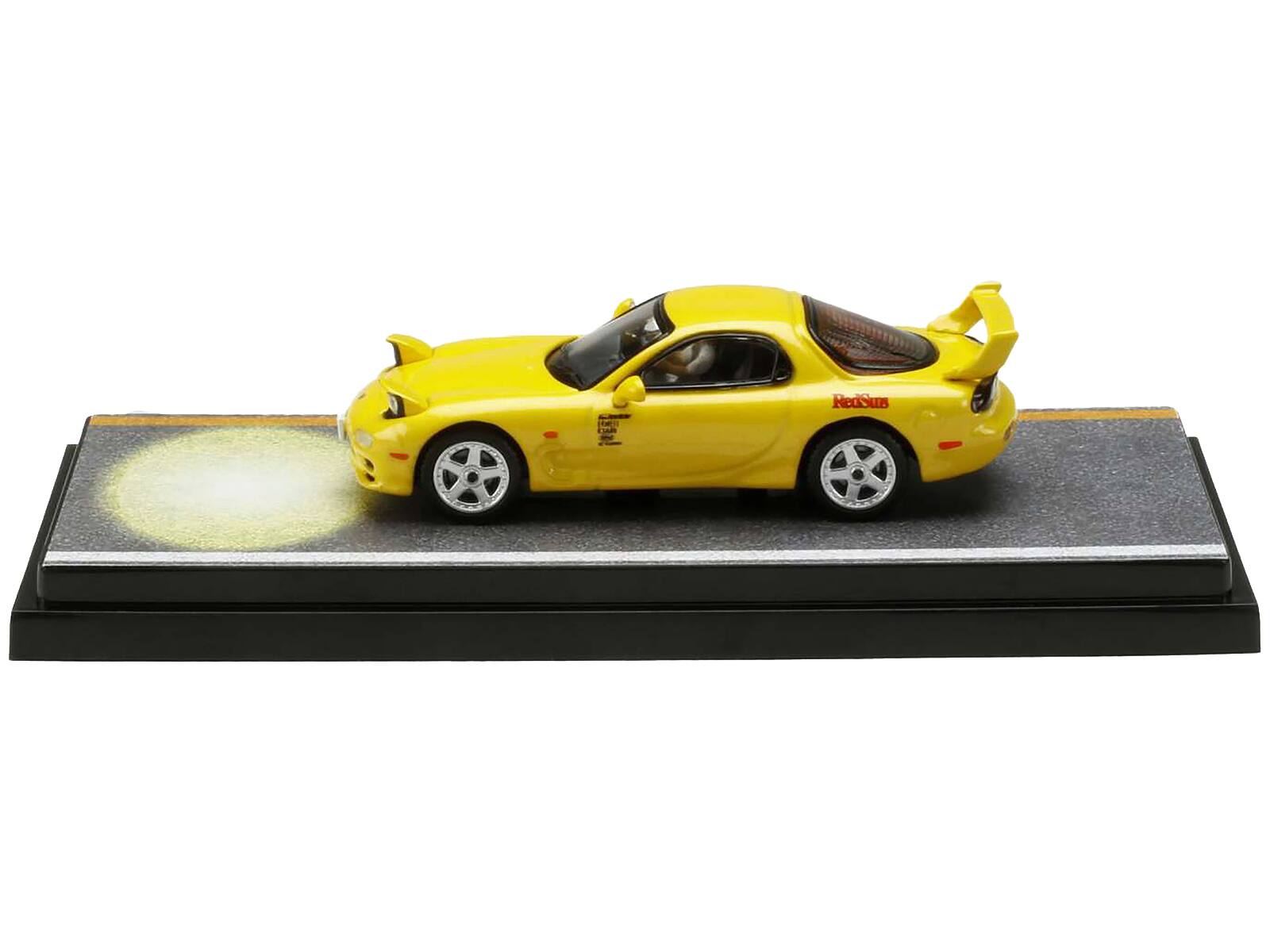 Left. Hobby Japan - Mazda RX-7 FD3S RHD Yellow RedSuns with Keisuke Takahashi Driver Figure Version 2 Initial D 1/64 - Yellow.