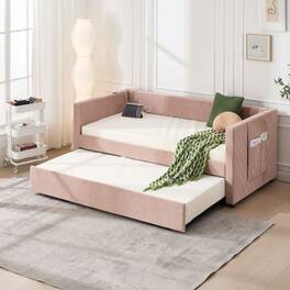 Kadyn - Twin Upholstered Daybed with Trundle, USB Port & Side Pockets, Modern V-Grain Backrest, No Box Spring - Pink