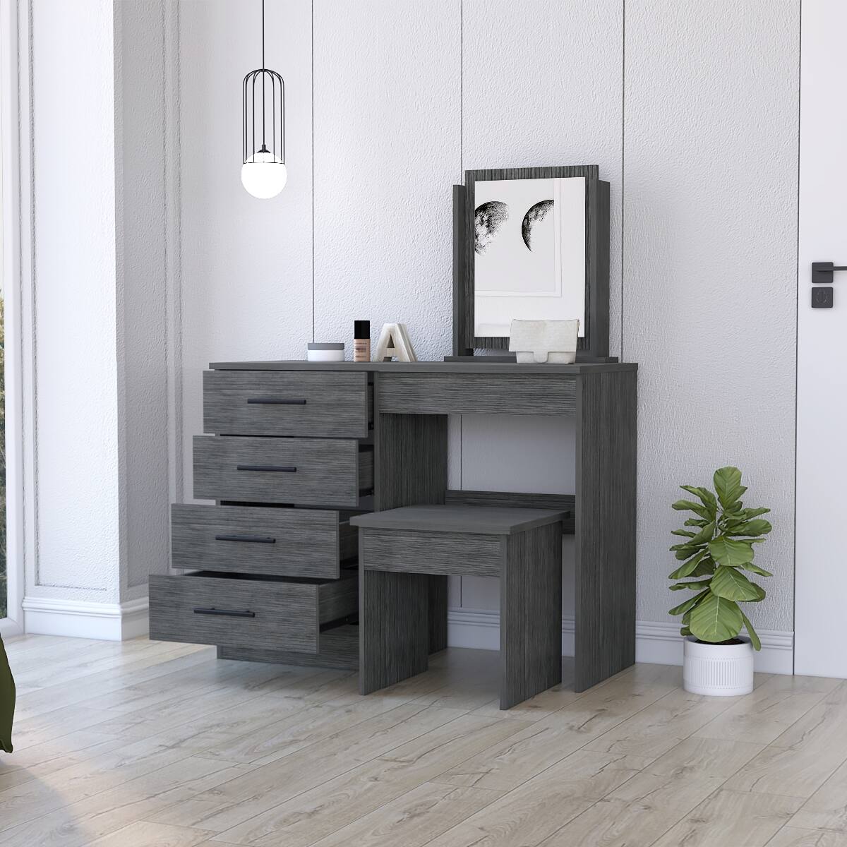 Angle. Loheer - Loheer Four Drawer Makeup Vanity with Stool Smokey Oak Finish - Gray.