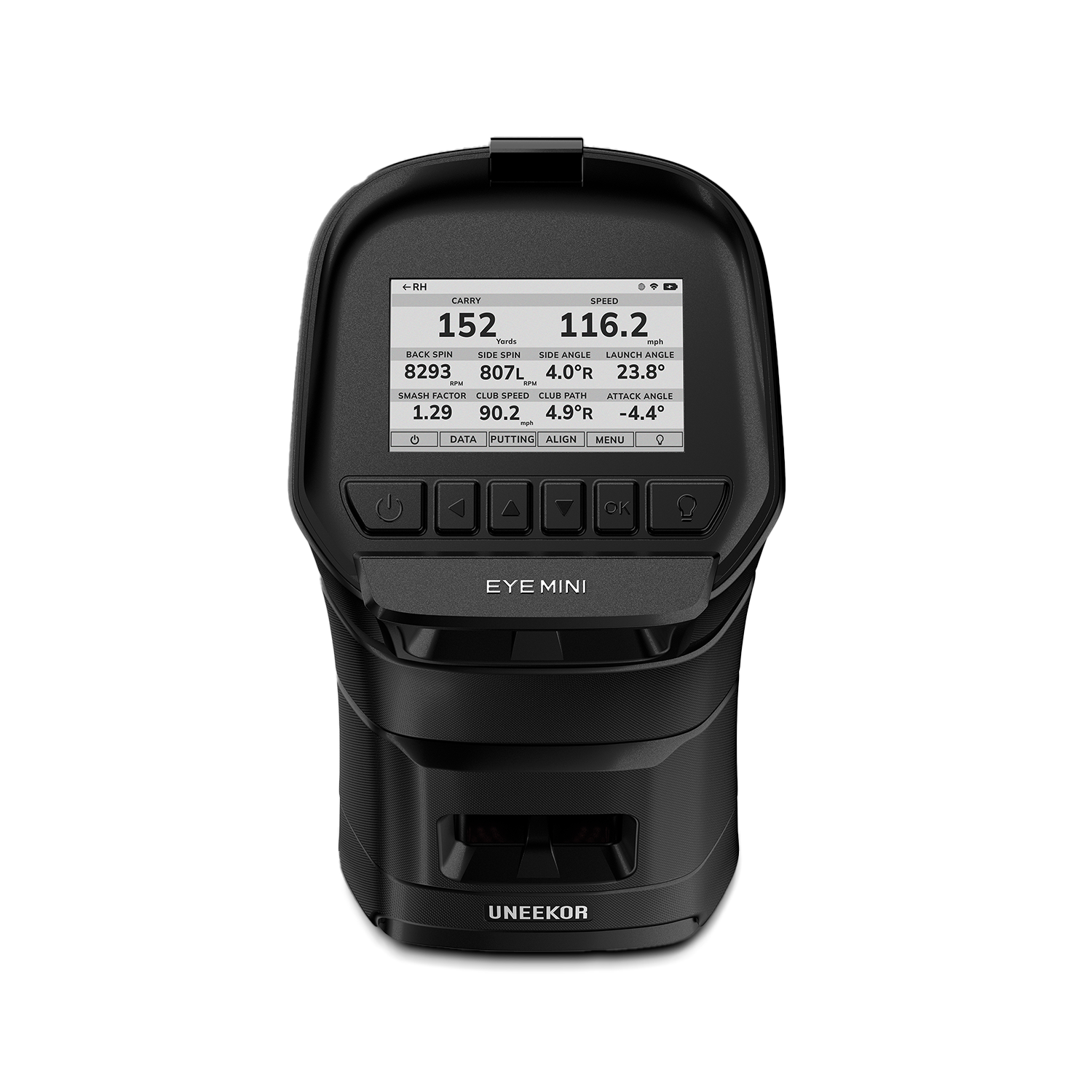 RH CARRY 152 116.2 Yards BACK SPIN 8293 RPM SIDE SPIN 807L RPM LAUNCH ANGLE 23.8° CLUB PATH 4.0°R ATTACK ANGLE 4.9°R -4.4° SMASH FACTOR 1.29 CLUB SPEED 90.2 MPH DATA PUTTING ALICN MENU EYE MINI UNEEKOR