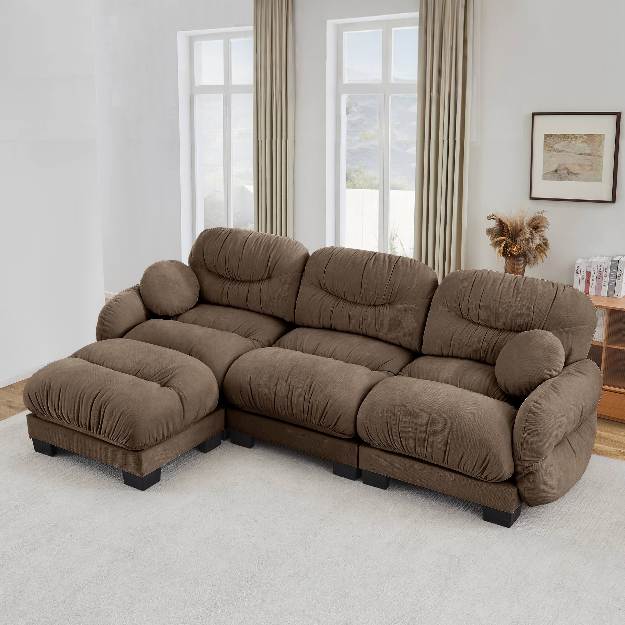 Angle. Anysun - 3 Seater L Shape Sectional Couch with Ottoman, Chenille Fabric, High-Density Foam & Curved Armrests for Living Room - Brown.