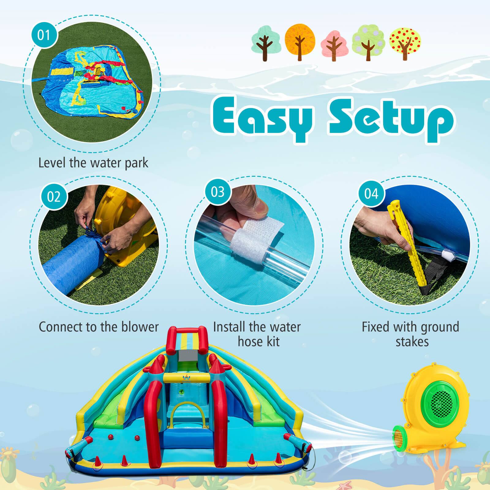 Easy Setup

01 Level the water park

02 Connect to the blower

03 Install the water hose kit

04 Fixed with ground stakes
