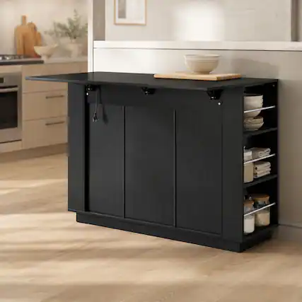 Front. RYHNUYNE - Freestanding 47.2 Inch Counter Height Table with Power Outlet, Foldable Top and Wine Rack, Sideboard Cabinet - Black.