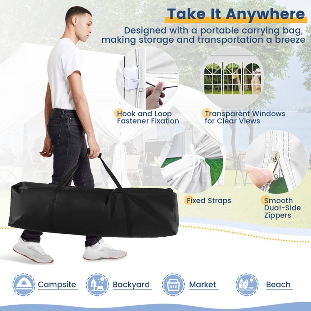 Take It Anywhere  
Designed with a portable carrying bag, making storage and transportation a breeze  

- Hook and Loop Fastener Fixation  
- Transparent Windows for Clear Views  
- Fixed Straps  
- Smooth Dual-Side Zippers  

Campsite  
Backyard  
Market  
Beach