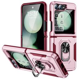 Dteck - for Samsung Galaxy Z Flip6/7 FE Heavy Duty Case with Foldable Metal Ring Stand,Fit Magnetic Car Holders,Shockproof Cover - Pink/Rose