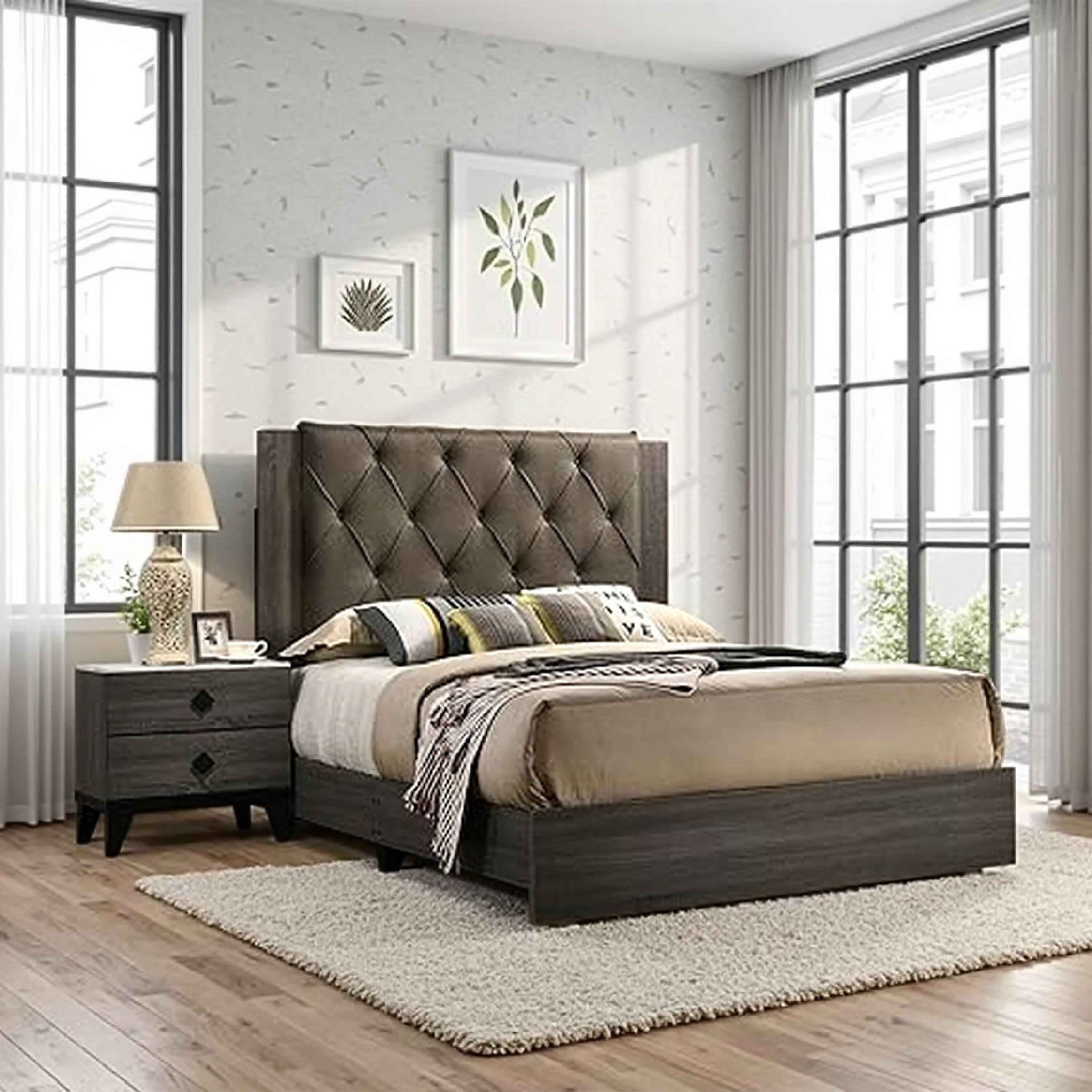 Alt View 5. Manhattan Lane - Wooden Eastern king Bed with Button Tufted Headboard - Gray and Brown.