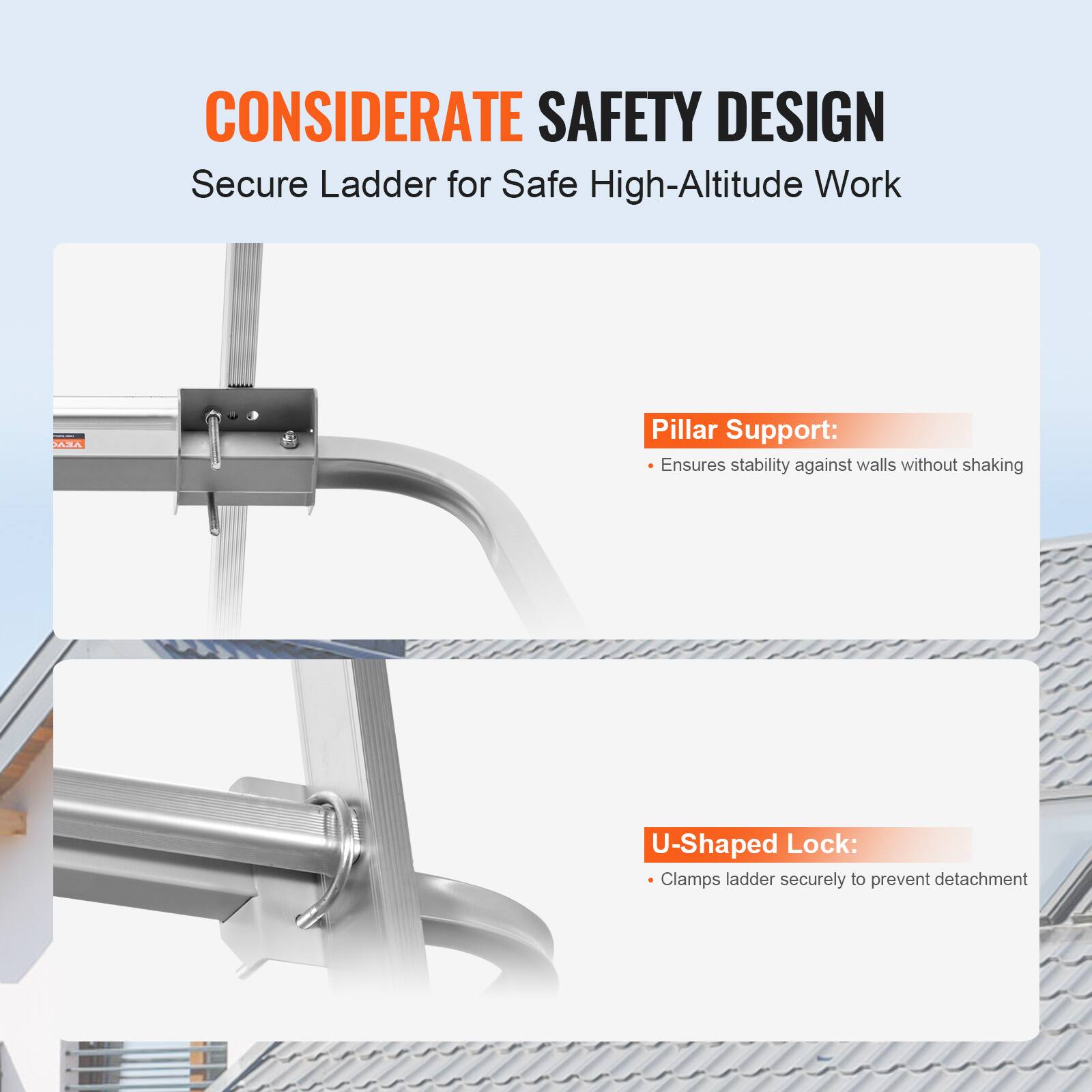 CONSIDERATE SAFETY DESIGN  
Secure Ladder for Safe High-Altitude Work

- **Pillar Support:**  
  Ensures stability against walls without shaking

- **U-Shaped Lock:**  
  Clamps ladder securely to prevent detachment