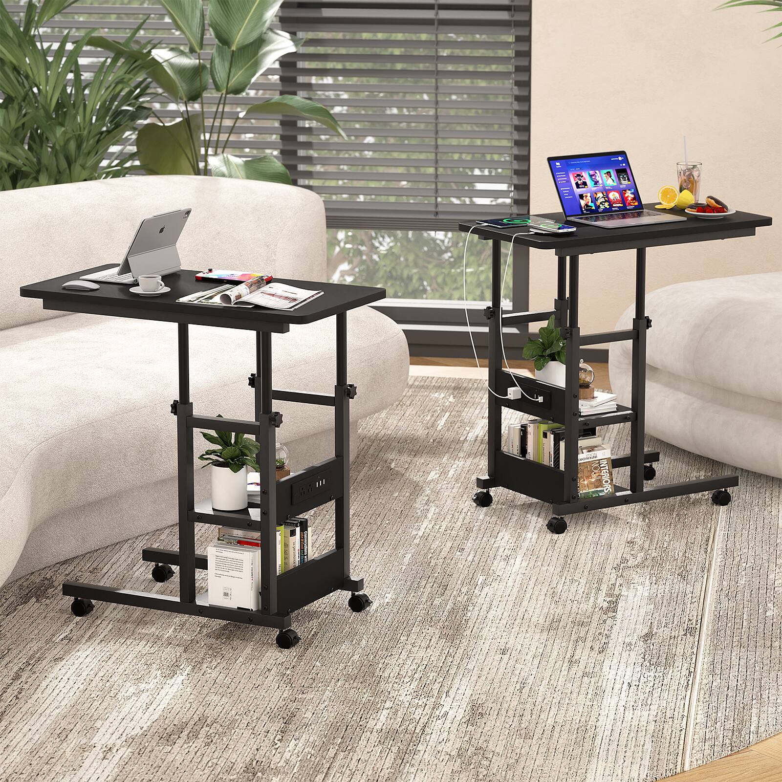 Alt View 3. Aheaplus - C-Shaped Height Adjustable End Table with Power Outlet, Side Table with Storage Shelves - Black.