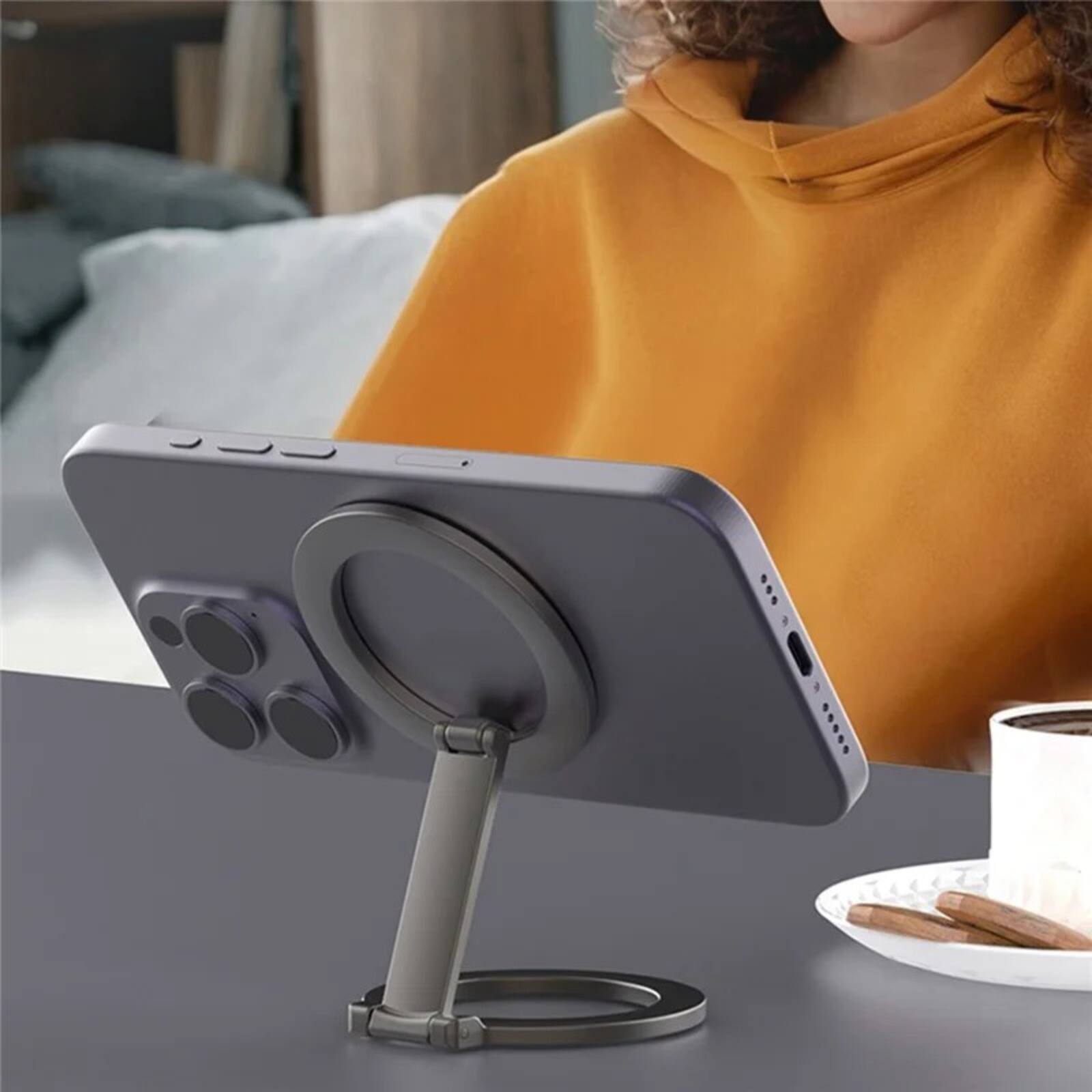 Alt View 4. UUCOVER - Universal Phone Ring Stand Dual-Sided Magnetic Grip Holder Compatible with MagSafe Car Desktop Phone Bracket Kickstand - Silver.