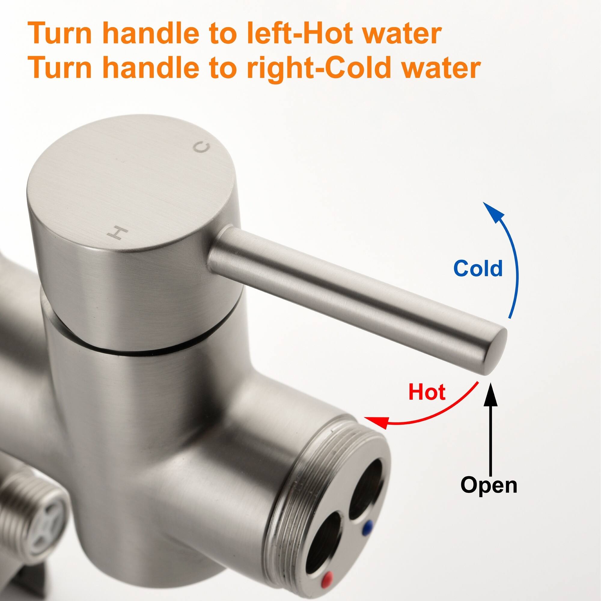 Turn handle to left-Hot water  
Turn handle to right-Cold water  

Cold  
Hot  
Open