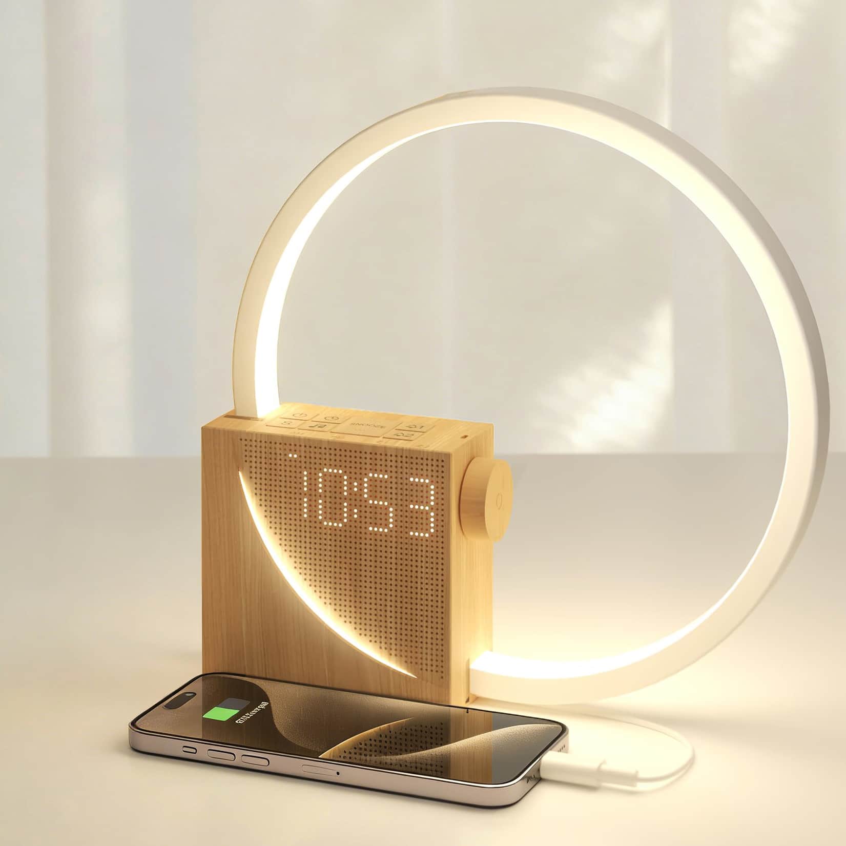 Dazzed Corner - Sunrise Alarm Clock for Heavy Sleepers with 10 White Noise, Snooze & USB Charger Port - Wood Grain
