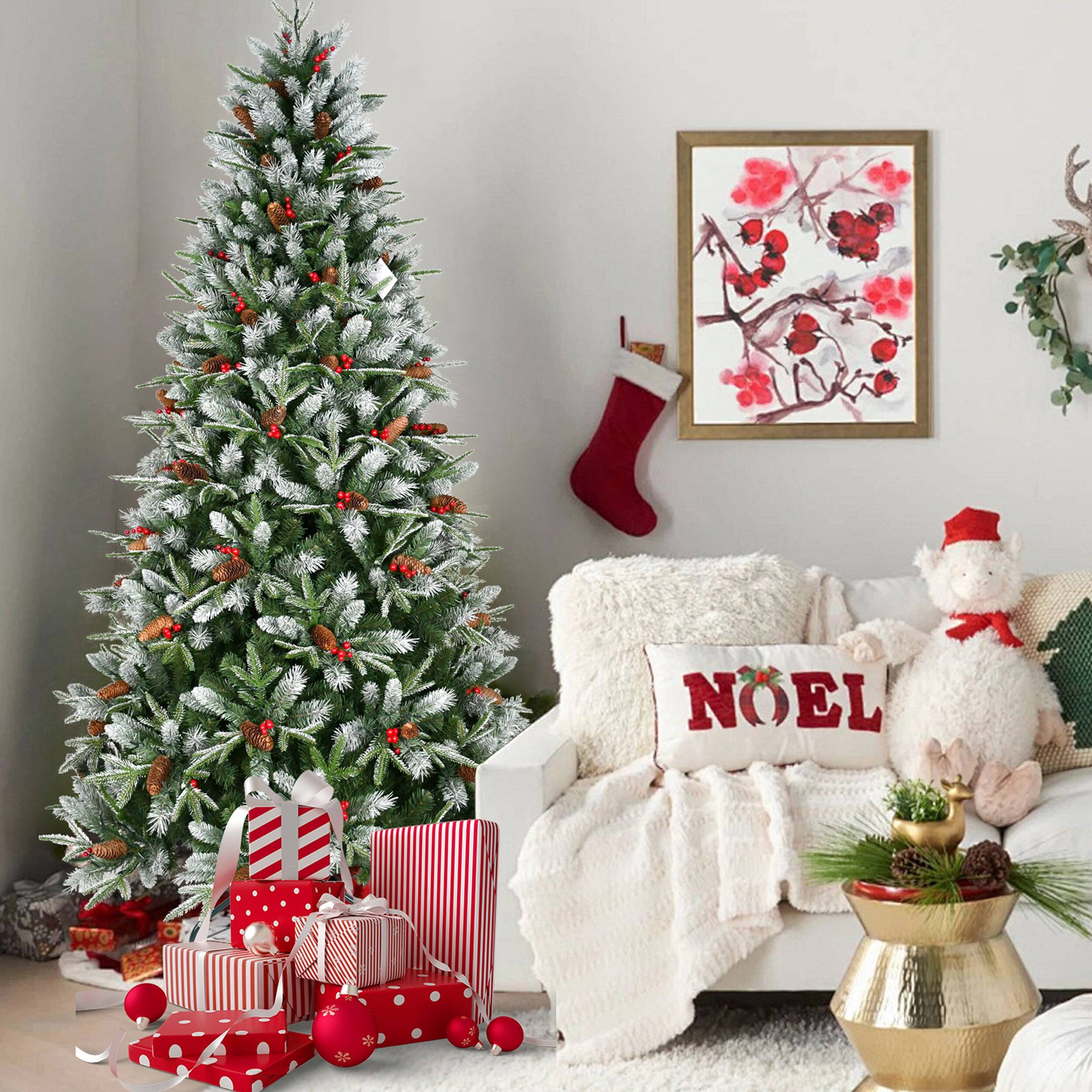 Alt View 6. Boyel Living - 4 ft. Christmas Tree with 747 Tips Snow Dusted PE PVC Hinged with Red Berries Pine Cones and Metal Stand - Green,White.
