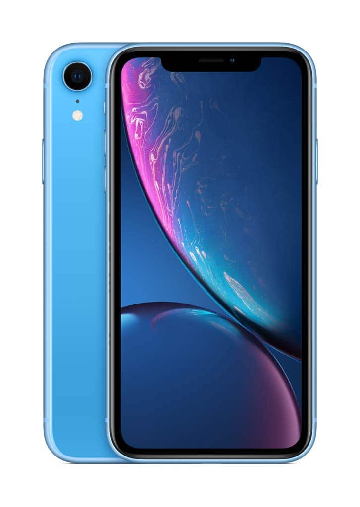 Front. Apple - iPhone XR A1984 (Fully Unlocked) 64GB Bundle with Pre-Installed Tempered Glass and Bluetooth Earbuds - Blue.