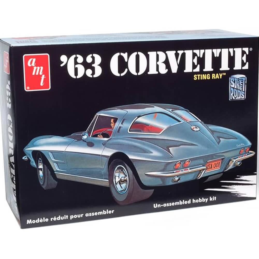 Sure, here is the corrected and grouped text from the image:

---

**'63 CORVETTE**  
STING RAY™  
STREET RODS

**a m t**

Un-assembled hobby kit

Modèle réduit pour assembler

---

This text is from the packaging of a model kit for a 1963 Corvette Sting Ray.