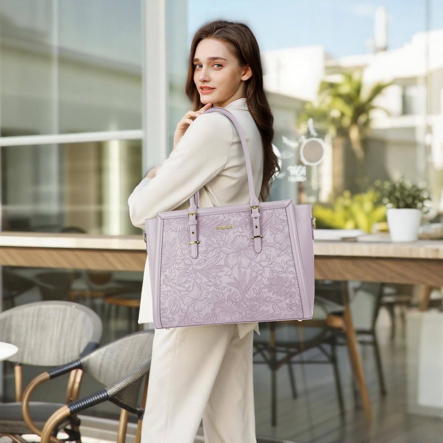 Angle. mosiso - Laptop Bag for Women 15-15.6 inch PU Leather Tote Bag Work Briefcase Computer Bags - Dusty Lilac.