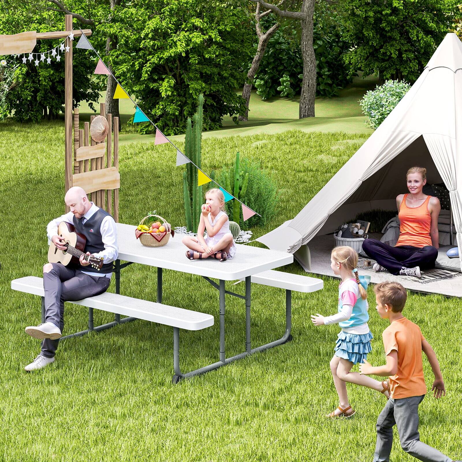 Alt View 5. HONGGE - Large Outdoor Picnic Table with Benches and Wood Grain Design - White.