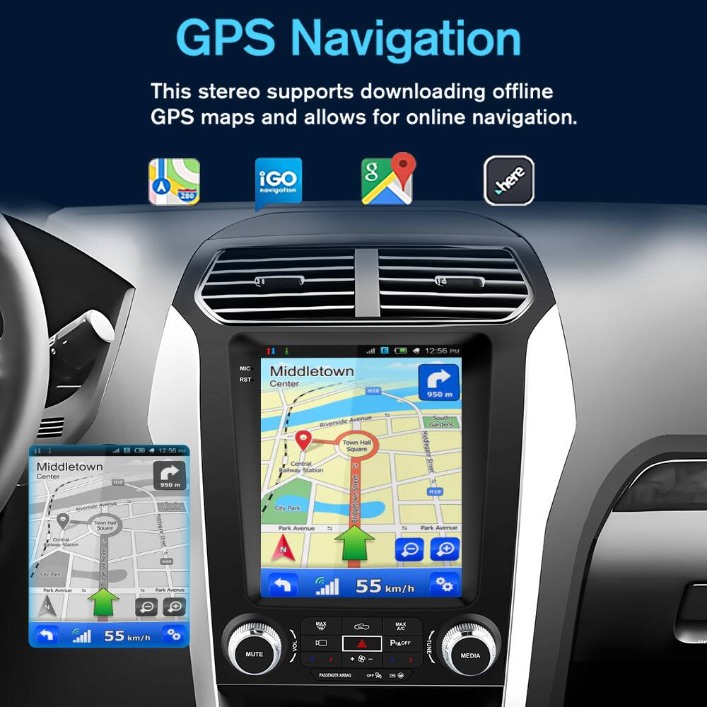 GPS Navigation  
This stereo supports downloading offline GPS maps and allows for online navigation.

- iGO
- Google Maps
- HERE

Middletown Center  
950 m  
55 km/h

- Park Avenue
- Riverside South
- City Park
- Town Hall Square
- Central Station
- South Gardens

- MUTE
- MAX
- MEDIA