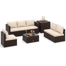 Costway - 8 PCS Patio Furniture Set with Storage Box & Tempered Glass Coffee Table - Beige