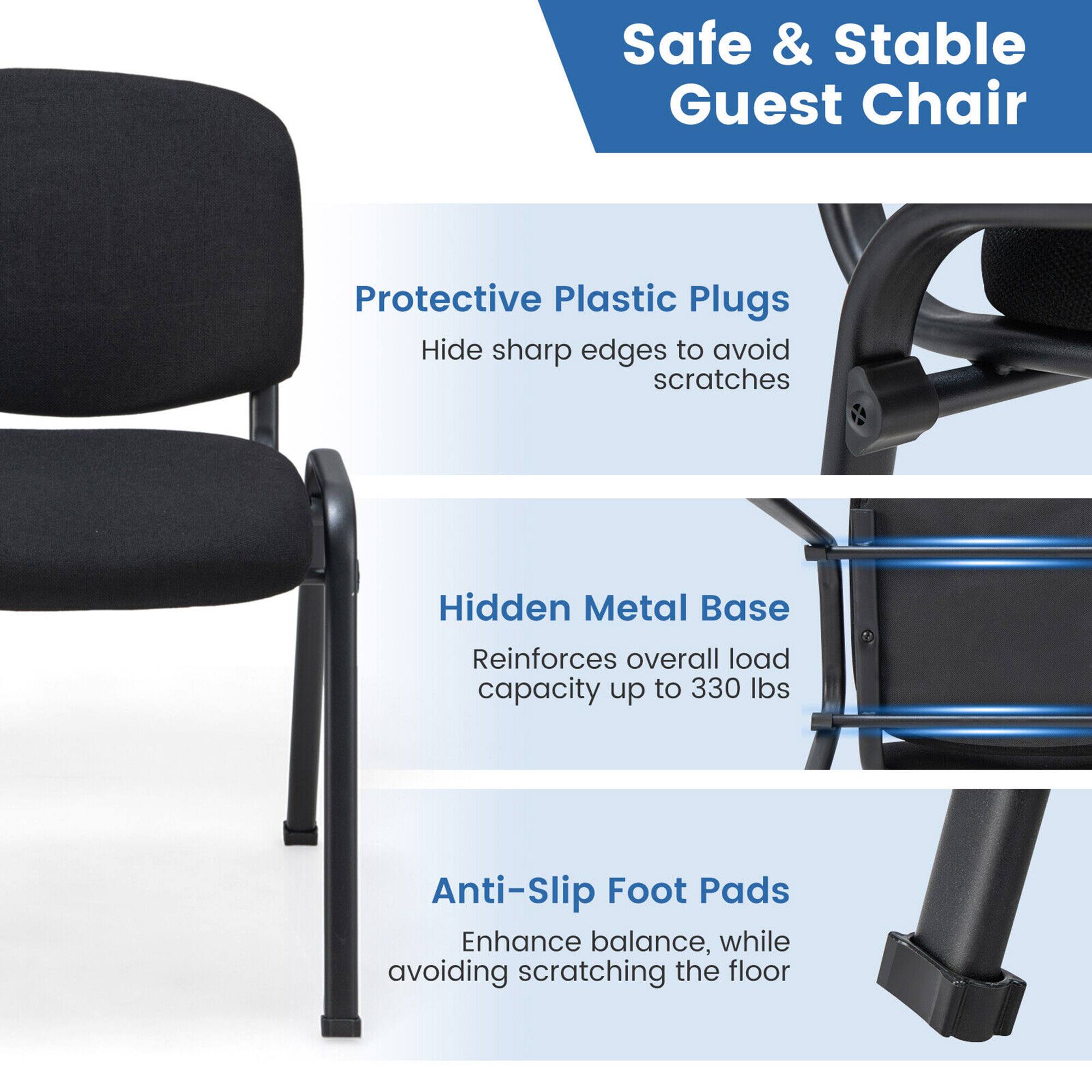 Safe & Stable Guest Chair

- Protective Plastic Plugs
  - Hide sharp edges to avoid scratches

- Hidden Metal Base
  - Reinforces overall load capacity up to 330 lbs

- Anti-Slip Foot Pads
  - Enhance balance, while avoiding scratching the floor