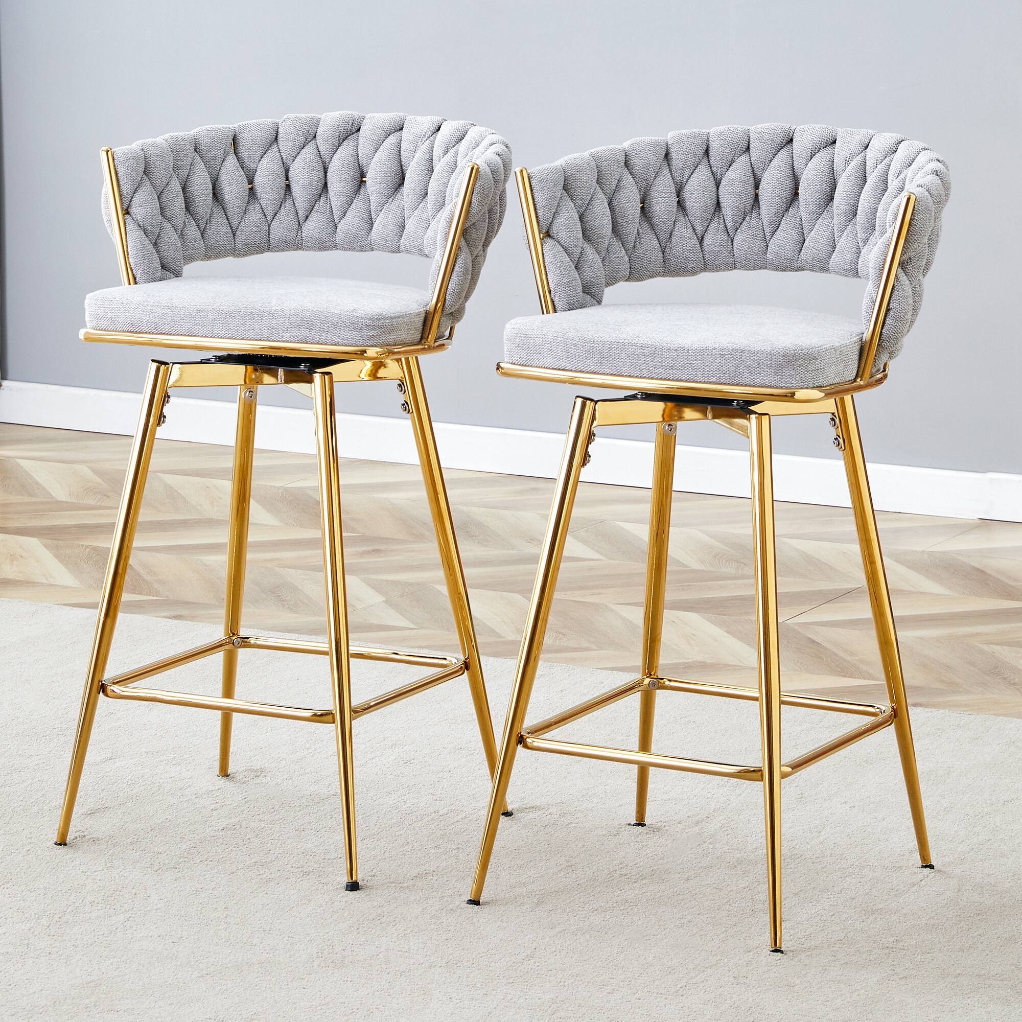 Angle. APRILSOUL - Two Sets Swivel Bar Stools Cotton Linen Cushions Electroplated Metal Frames Restaurant - White.