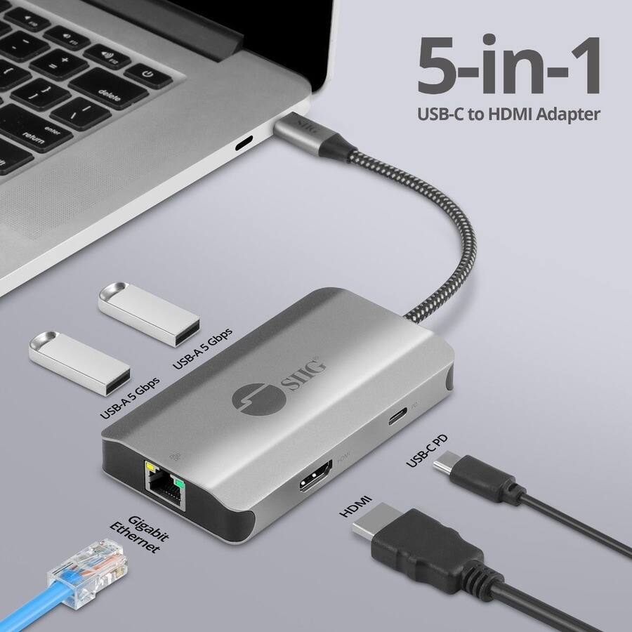 - e - F + 4 - FR I ) delete I / I ee retumn A & SIG 5-in-1 USB-C to HDMI Adapter 5 Gbps USB-A 5 Gbps USB-A Ethernet SIG HDMI PD USB-CPD