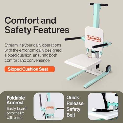 Comfort and Safety Features

Streamline your daily operations with the ergonomically designed sloped cushion, ensuring both comfort and convenience.

- Sloped Cushion Seat

Foldable Armrest
Easily board onto the lift with ease.

Quick Release Safety Belt